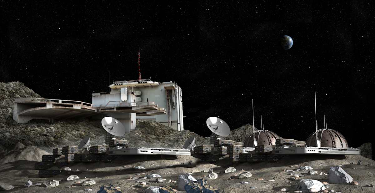  Illustration of a Moon outpost colony with dome structures, research modules, observation pods and communication satellite dishes for space exploration