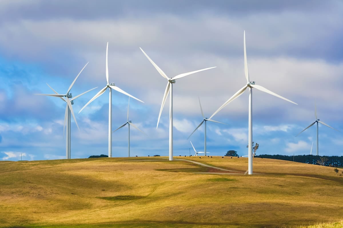 Wind farm turbines on a hill in New South Wales