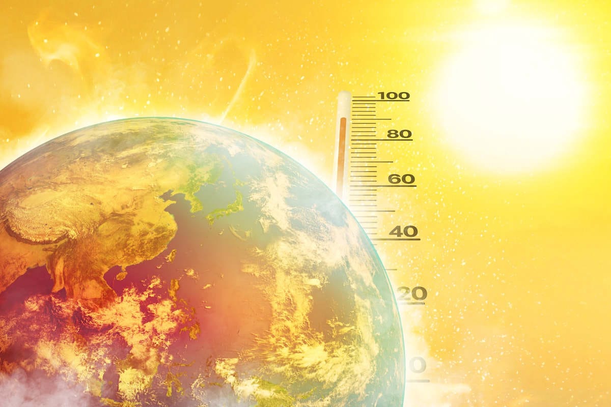 Earth, heat wave, Sun and high temperature environment with weather thermometer