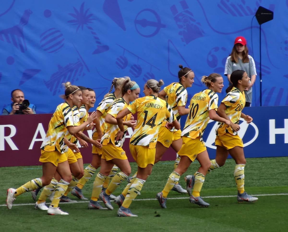 The Matildas running onto the field at the 2019 Women