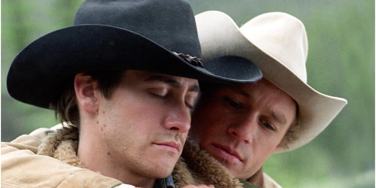 Jake Gyllenhaal is embraced by late Heath Ledger in&nbsp;a scene from the film Brokeback Mountain