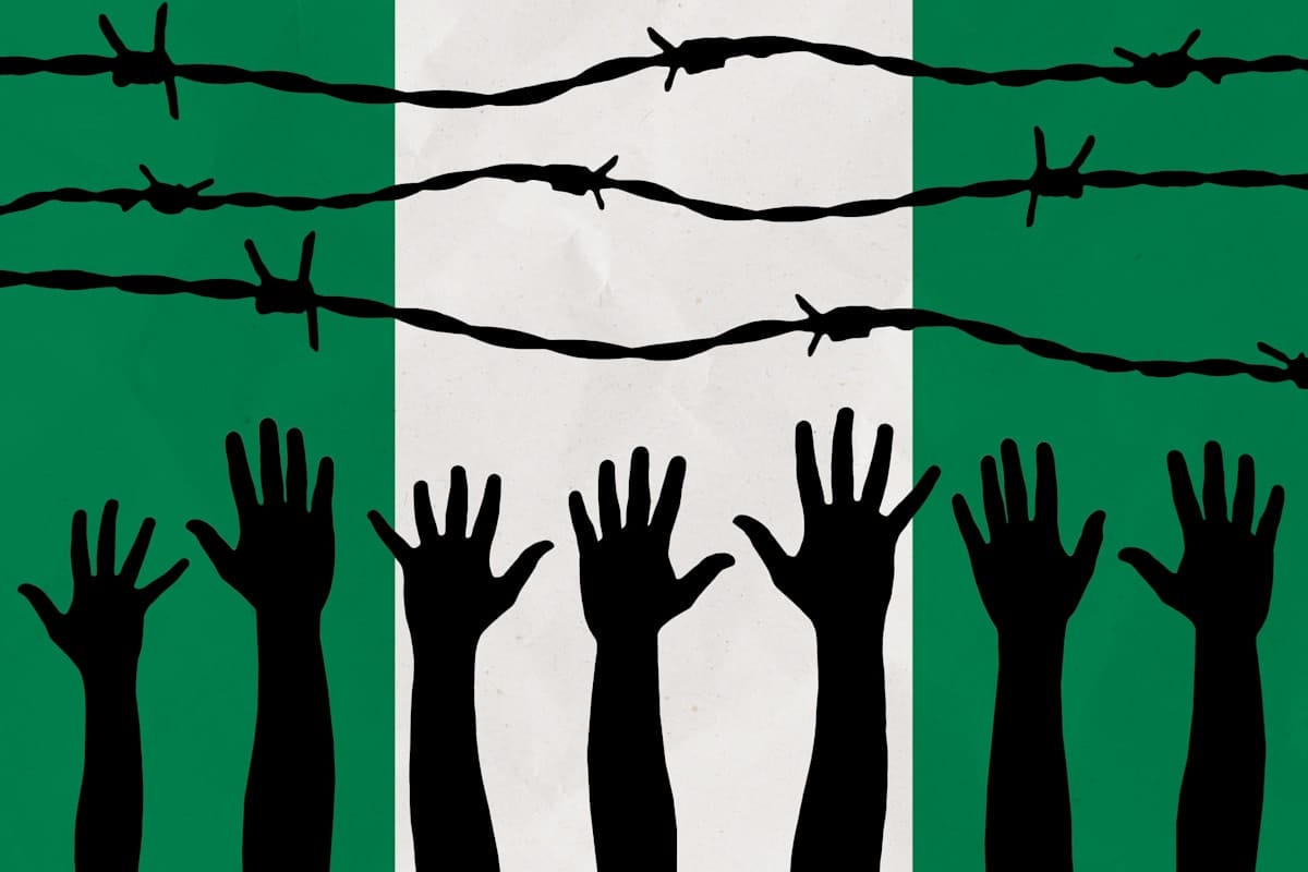 Illustration of a Nigeria flag behind barbed wire fence, with group of people