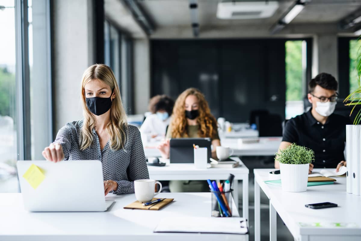 Masked workers sitting in an office, working on laptops