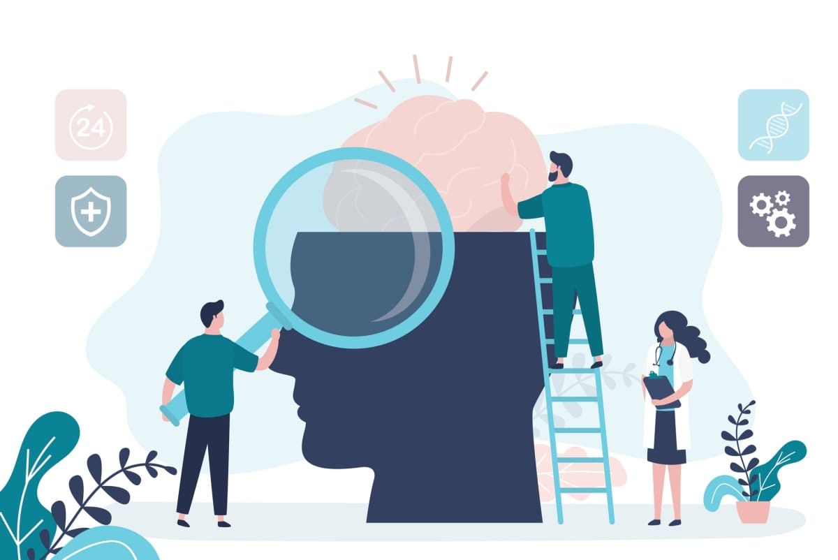 Mental health care treatment concept. Specialist doctor work to give psychology therapy. Tiny people,