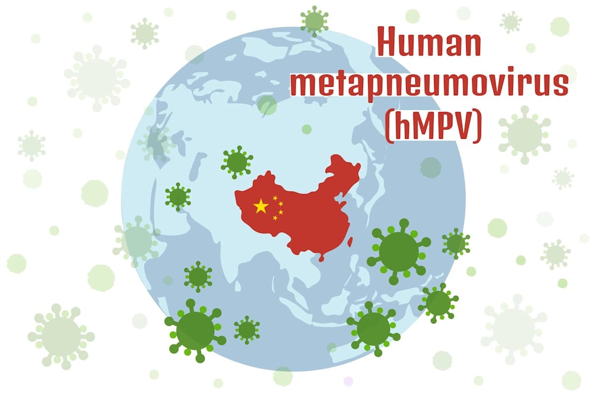 illustration depicting human metapneumovirus globe outbreak across Earth, with China map highlighted