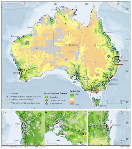 This map identifies current hydrogen projects (as of January 2021) and areas of high suitability for renewable hydrogen production in Australia. Map supplied by Geoscience Australia.