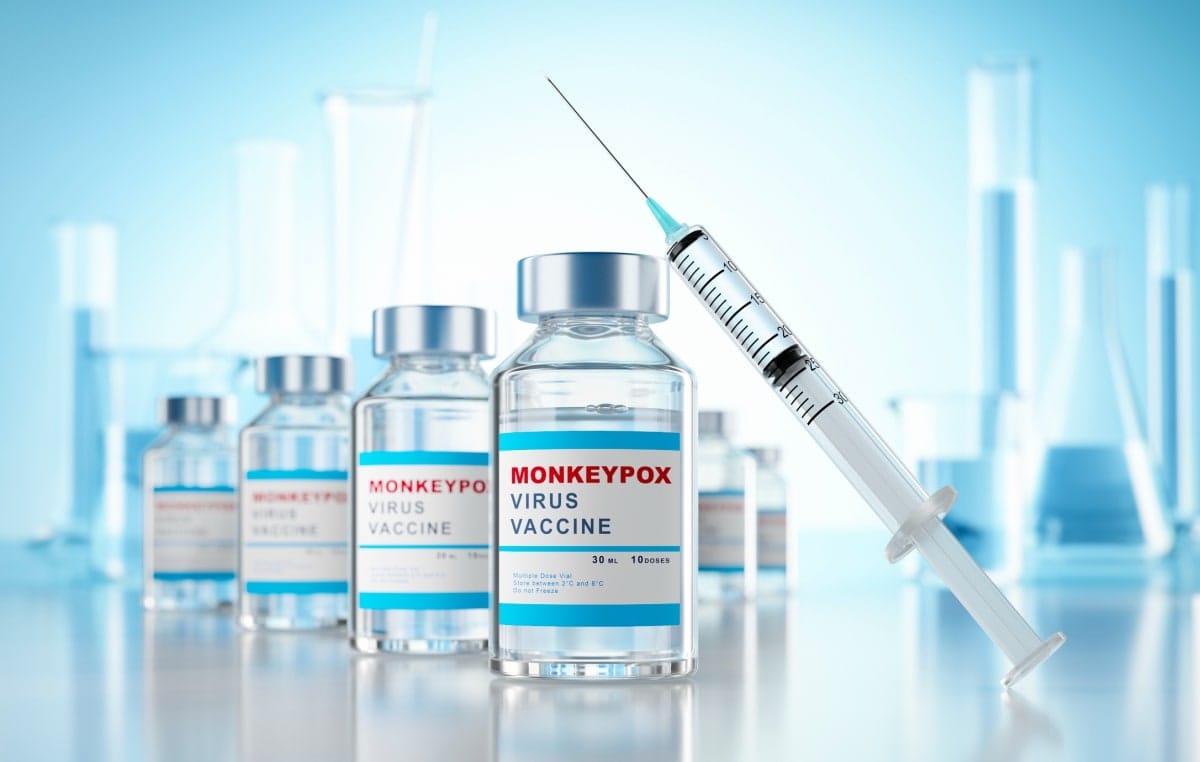 Monkey pox vaccine, bottles and syringe. 