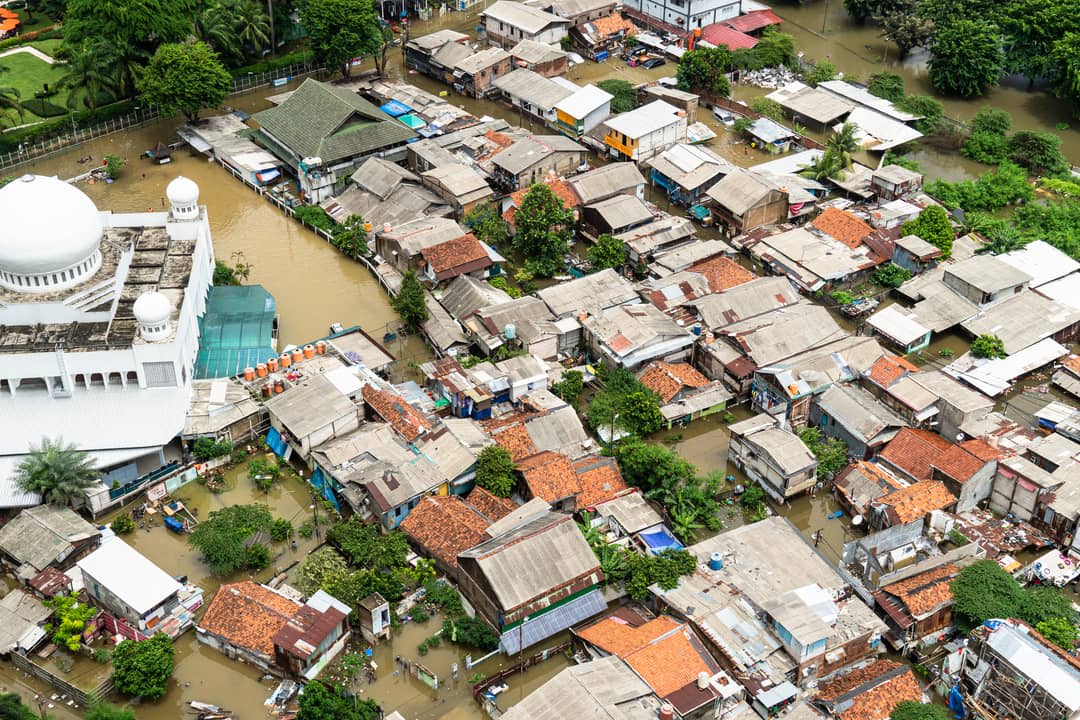 An aerial view of Muara Baru, north Jakarta, Indonesia where the land is sinking due to rise in sea levels.