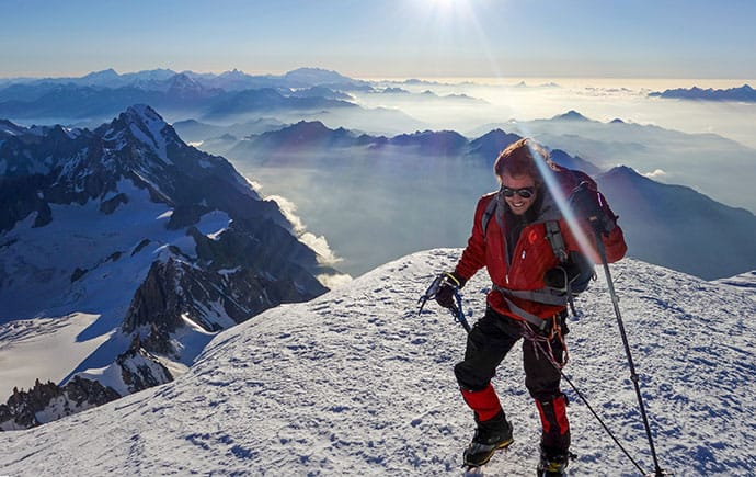 Arriving at the summit of Mont Blanc at 4,810 metres, France/Italy.