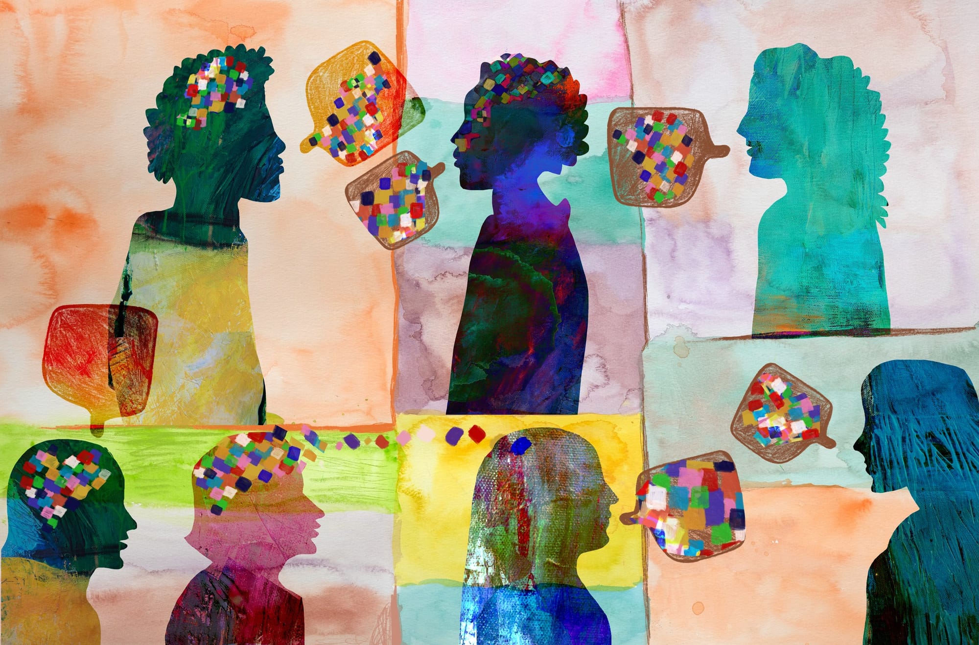  Hand drawn Group of people thinking, communicating using speech bubbles