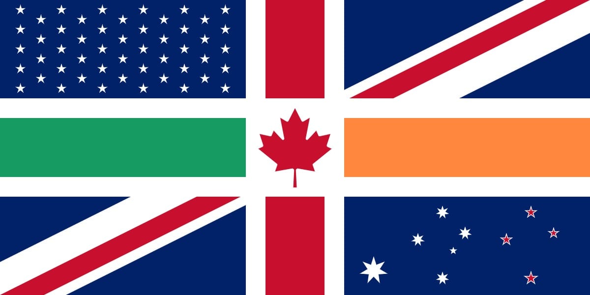Elements from the flags of the major English-speaking countries, the United Kingdom, Republic of Ireland, Canada, the United States, Australia and New Zealand.