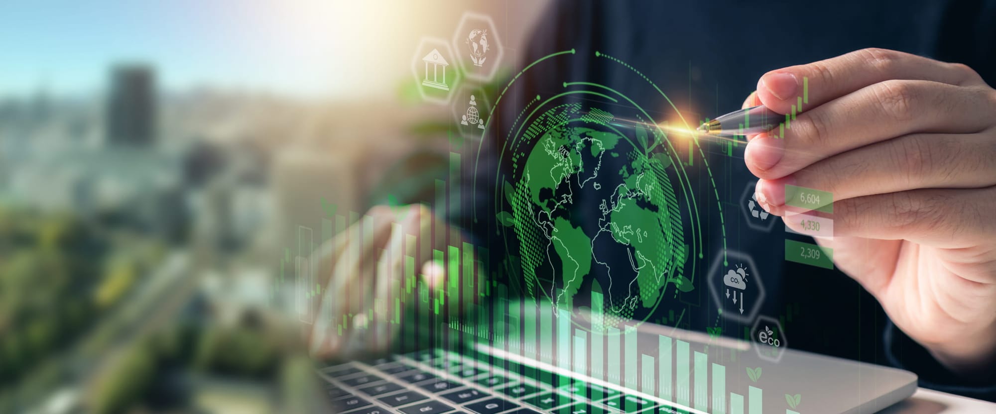 Concept image of a man with a pen at a laptop and digital icons representing sustainability governanc