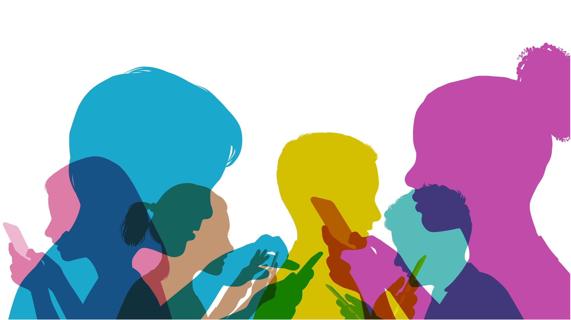 Colourful overlapping silhouettes of children using mobile phones