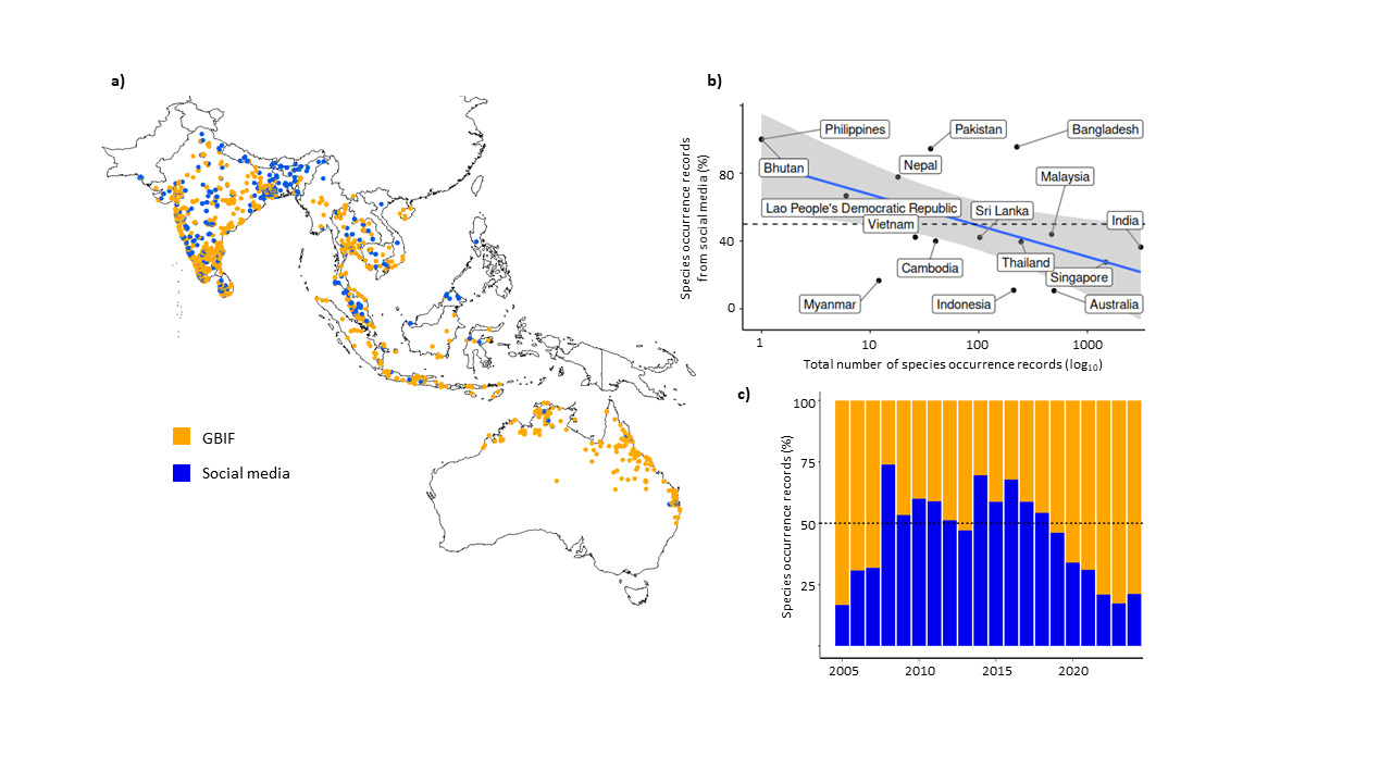 Graph depicting the spread across Asia of the tawny coster using combined social media and Global Biodiversity Information Facility data