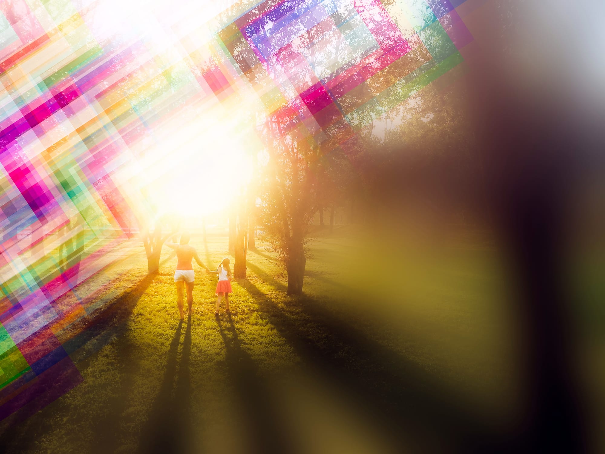 artistic representation of Migraine with Aura episode. Colorful zig-zag lines flash in the corner of an eye, while the tunnel vision makes most of the view obscured.
