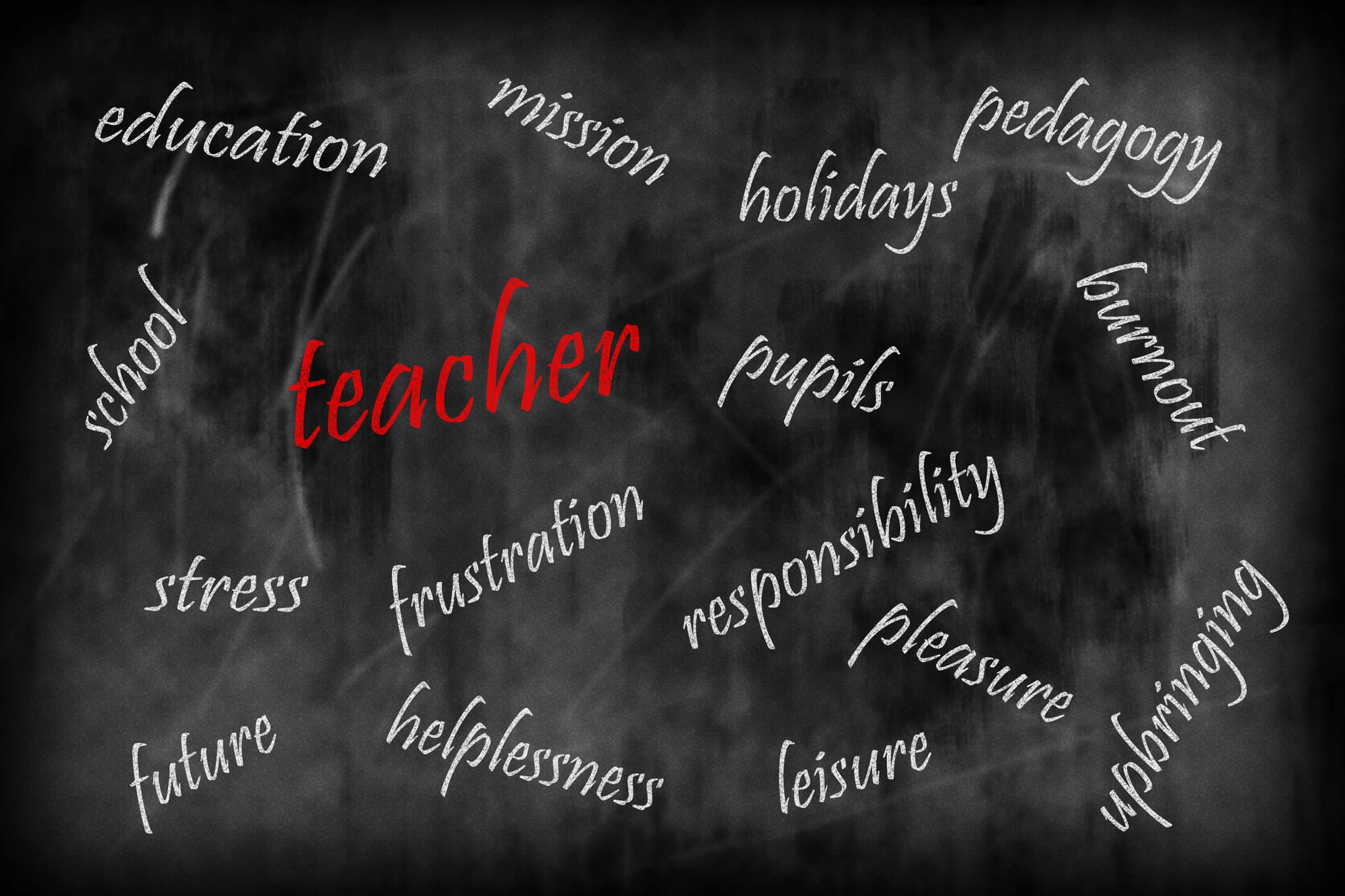 Words written on a blackboard including "frustration", "burnout" and "stress".