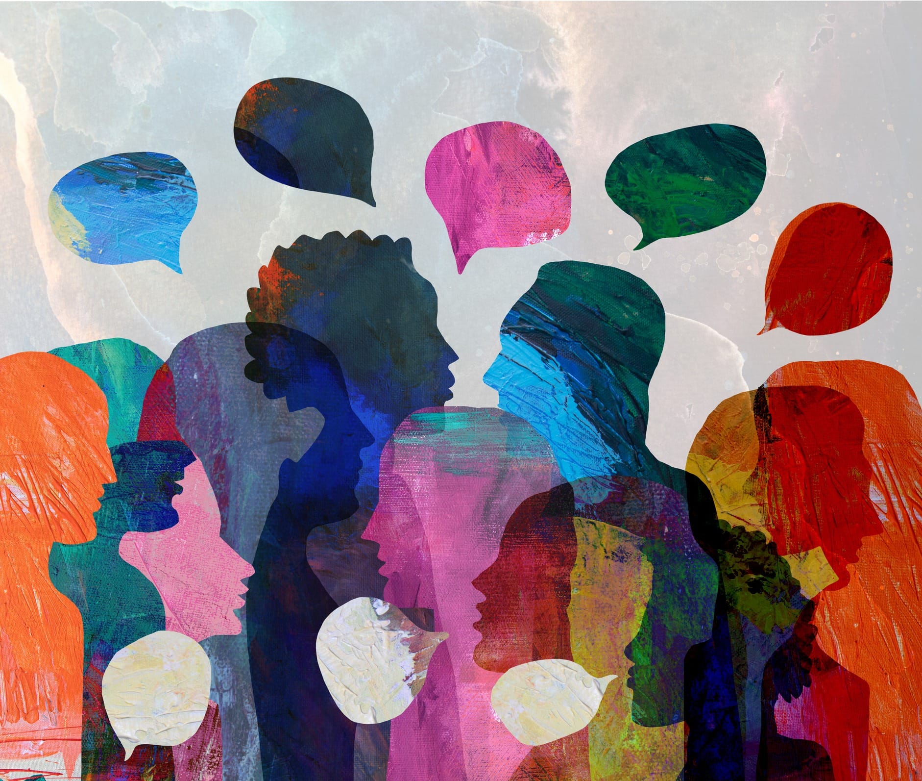 Colourful illustration of a group of diverse people talking, bonding, communicating, using speech bubbles