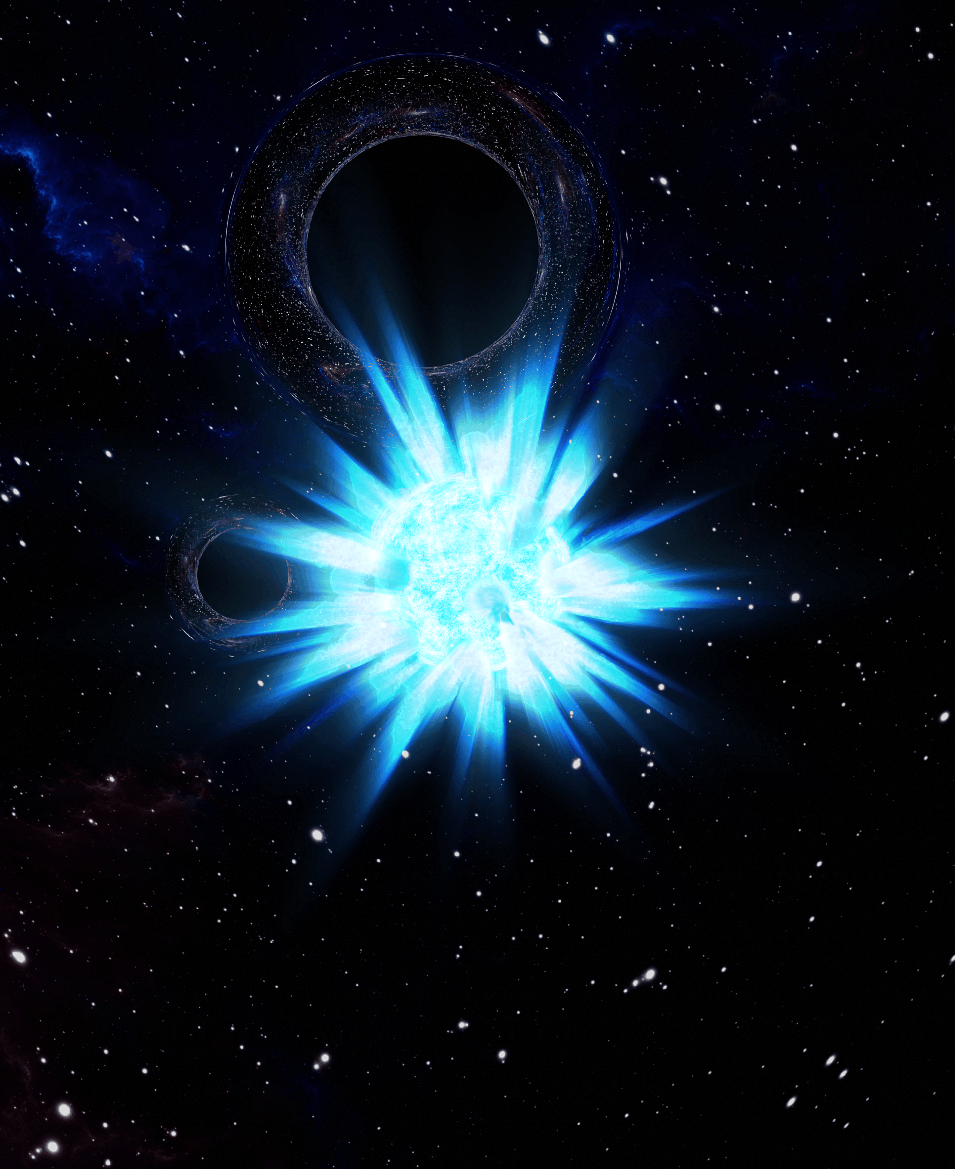 Exploding black hole with star and a void in the background 