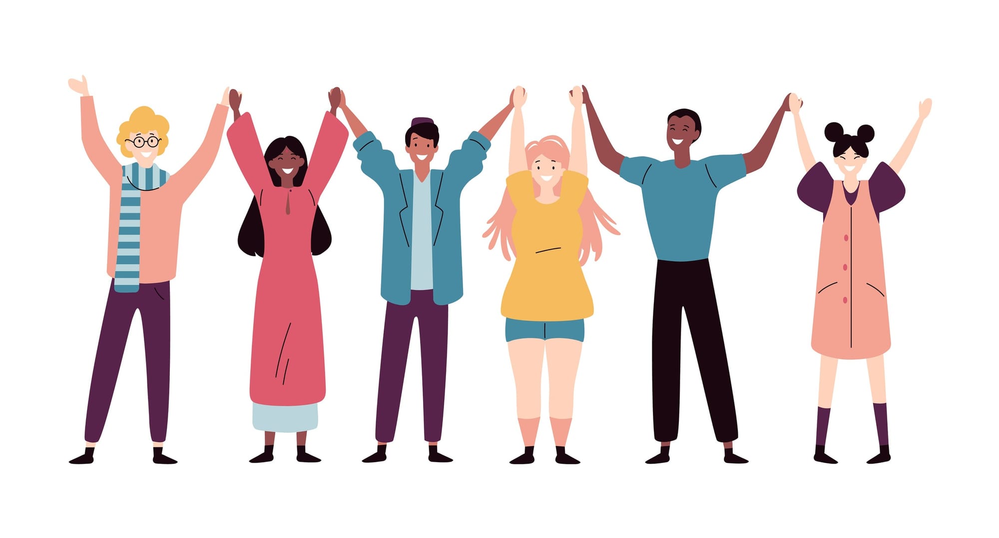 Illustration of a group of multicultural people standing and holding hands.