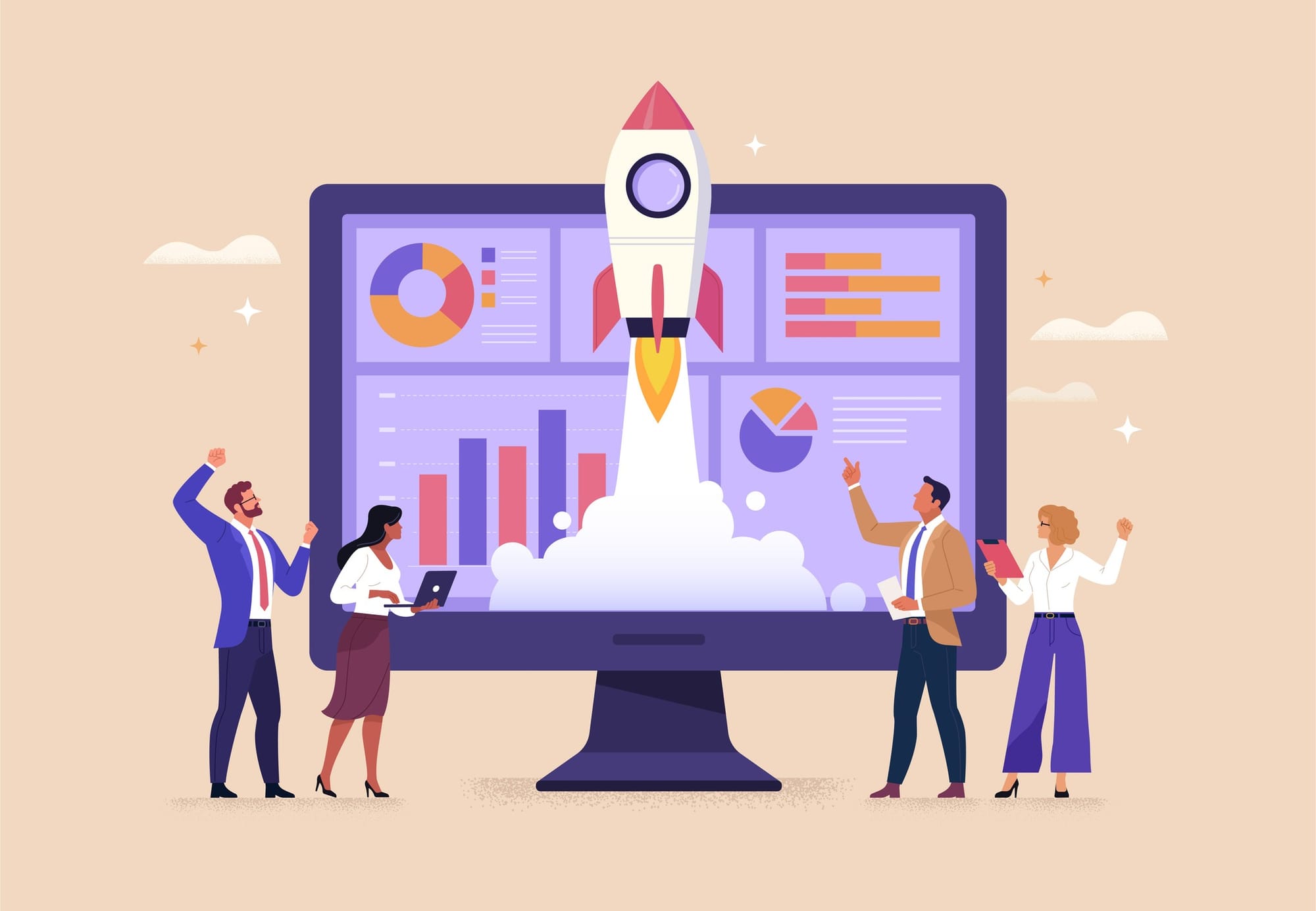 Illustration of rocket launch against background of monitor with graphs and group of watching people.