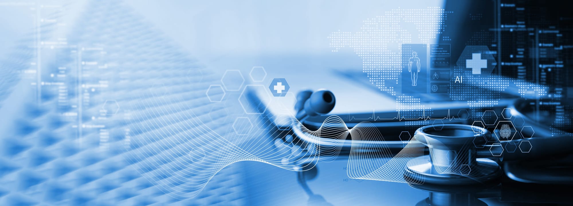 AI concept stethoscope and laptop computer with medical technology internet network connection