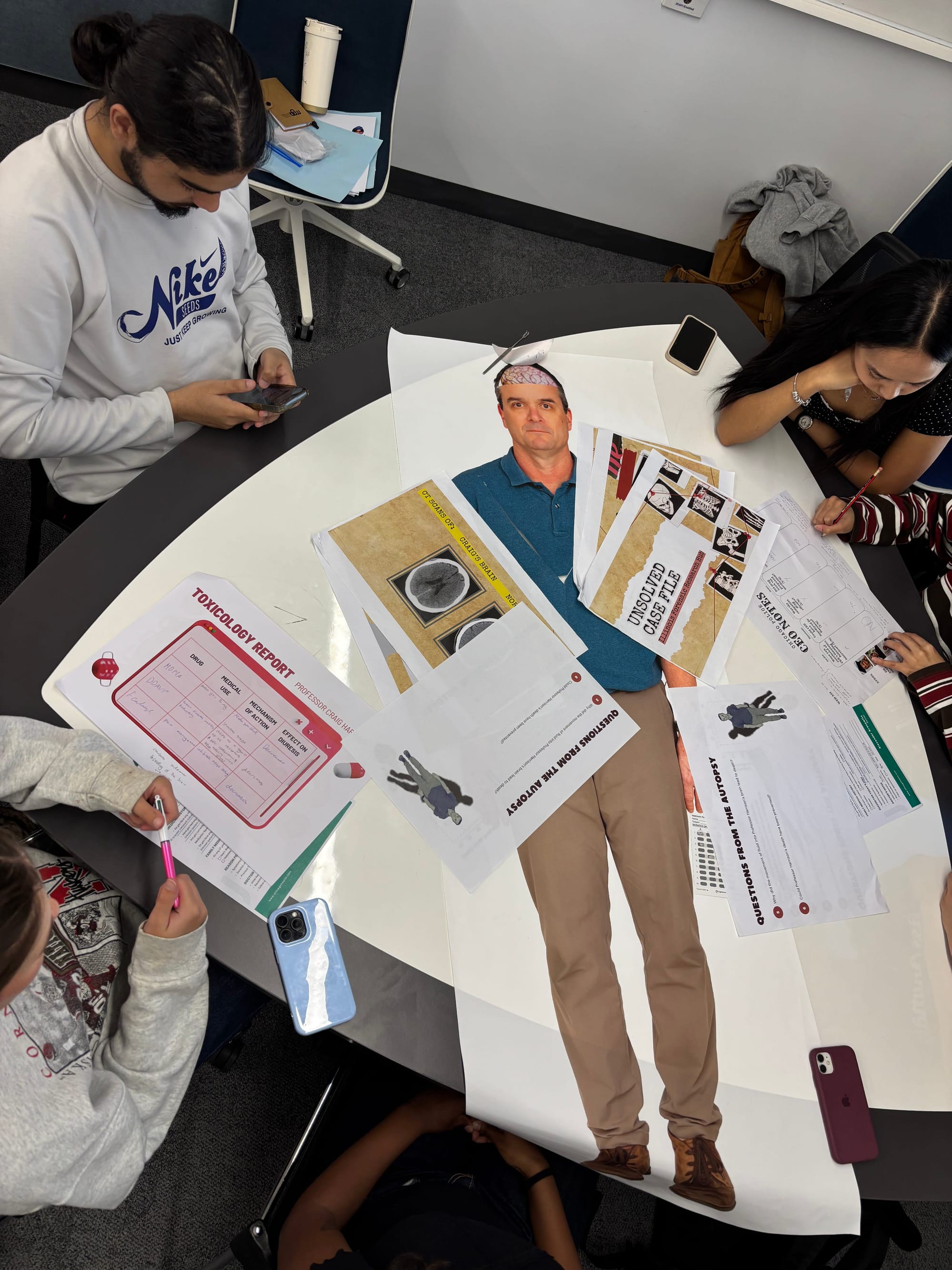 Students working as a group at a desk covered with documentation and an image of a man
