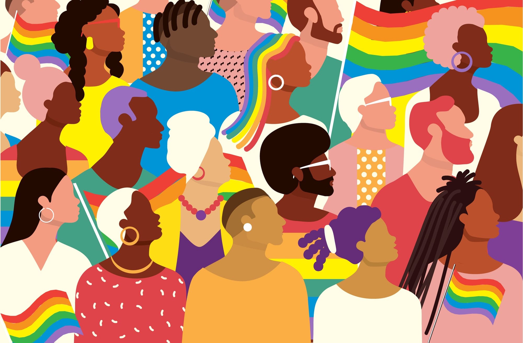 Vector illustration of a Vibrant and colorful large crowd of diverse people celebrating Pride Month.