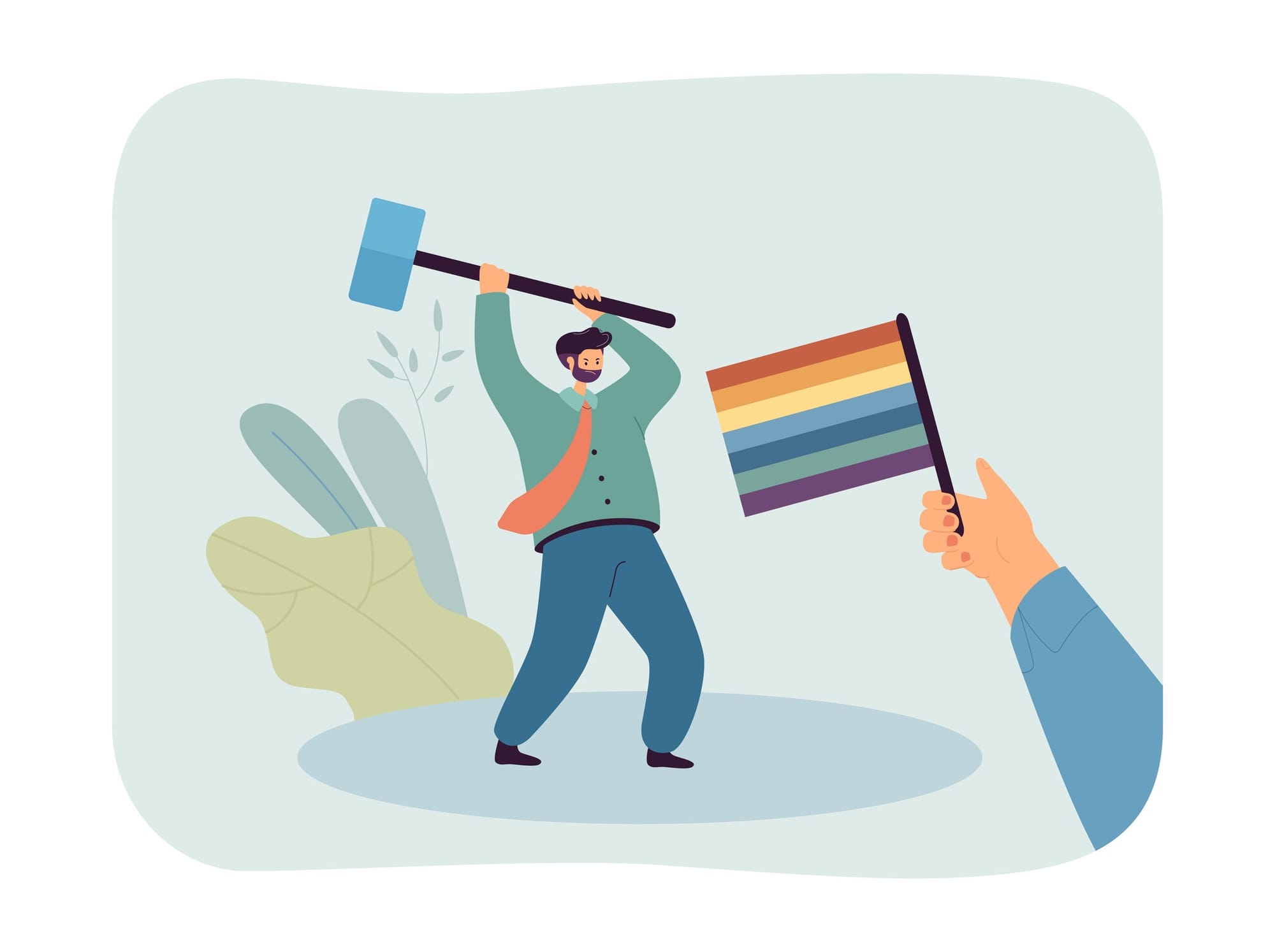 Illustration of a bearded man smashing a LGBTQIA+ flag with a hammer.