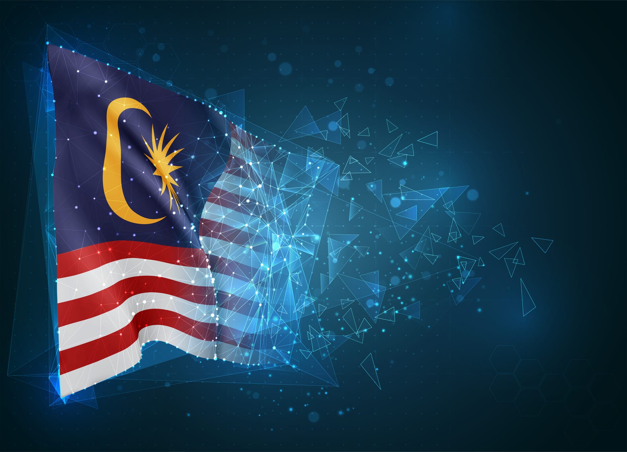 Malaysia vector flag, a virtual abstract 3D object from triangular polygons on a blue background
