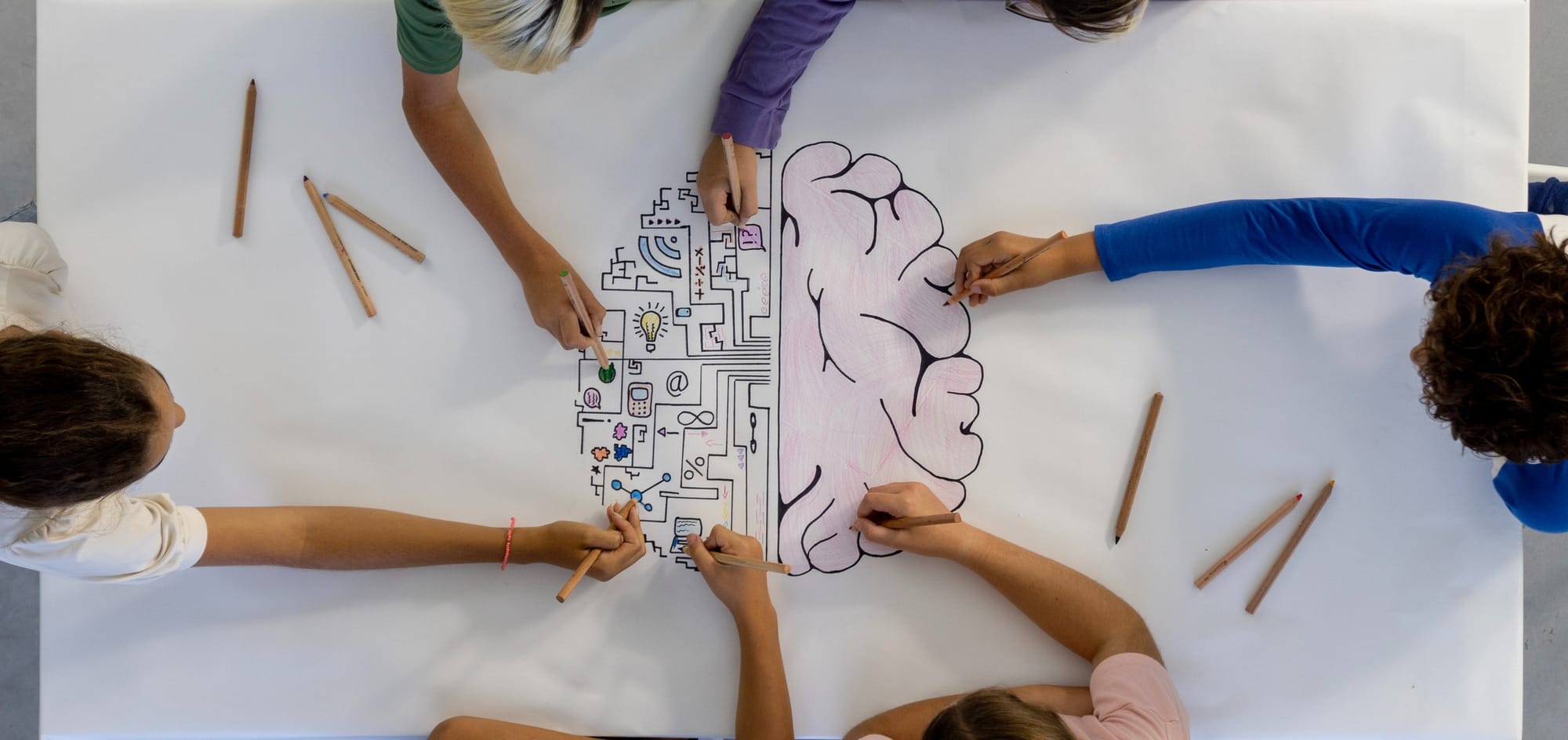 Overhead view of children drawing a brain concept on a large white sheet of white paper