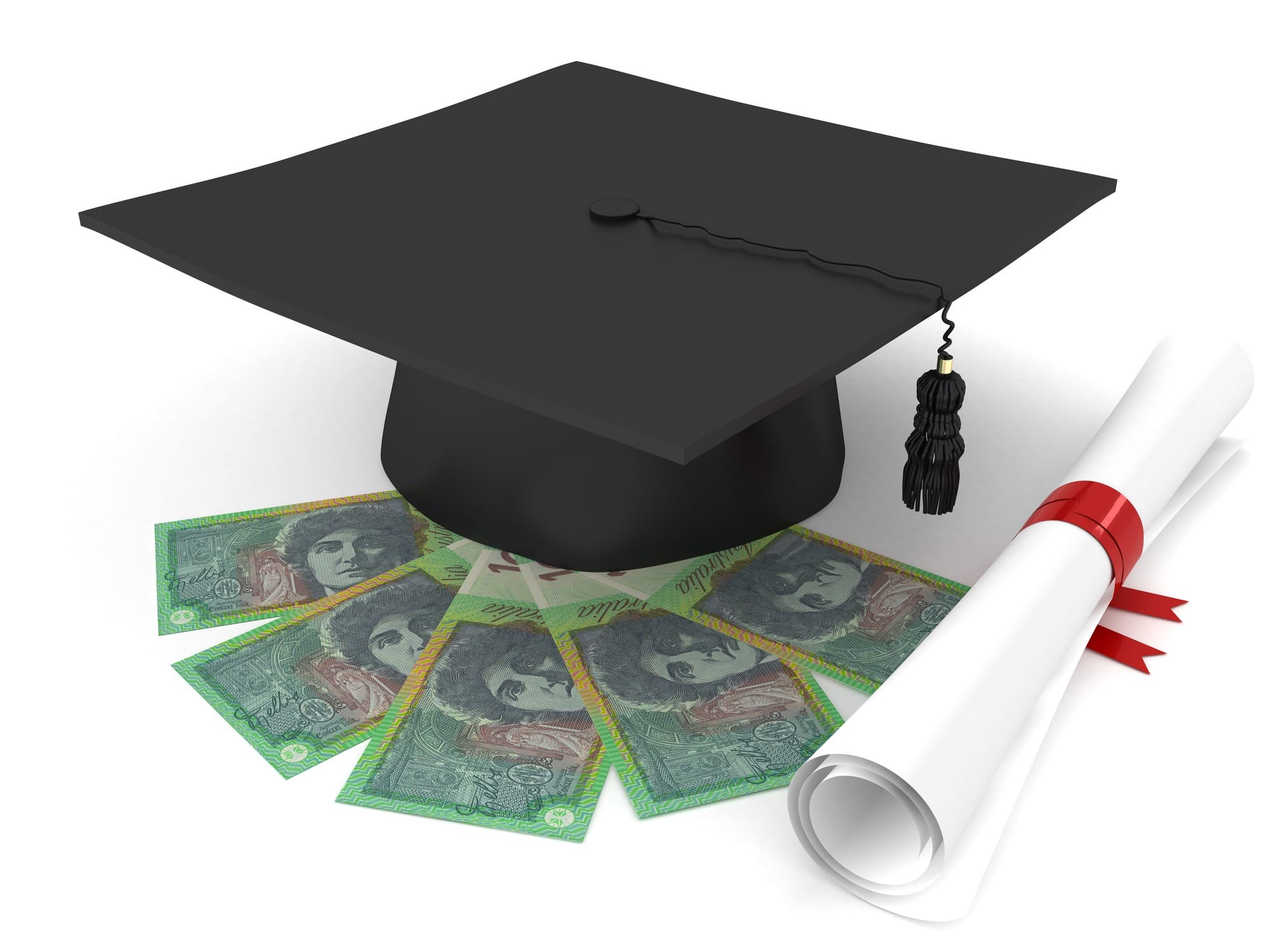 A university graduate mortarboard cap sitting $A100 bills.