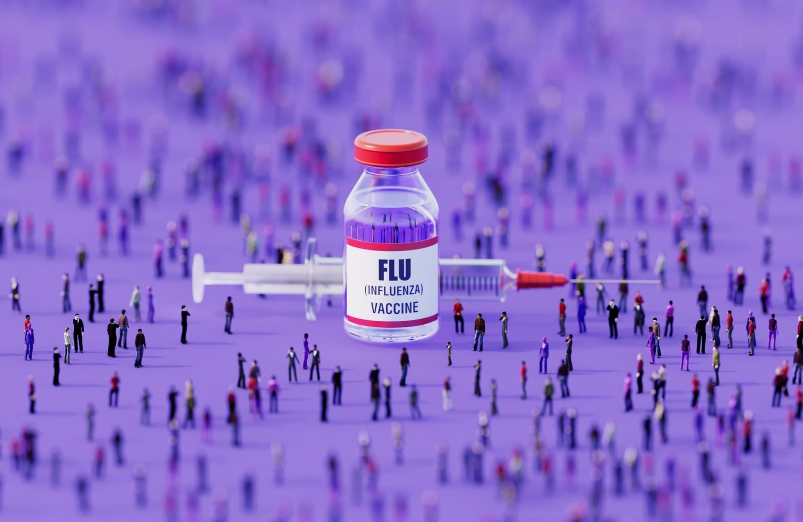 Human crowd surrounding an injectable flu vaccine bottle on purple background. 