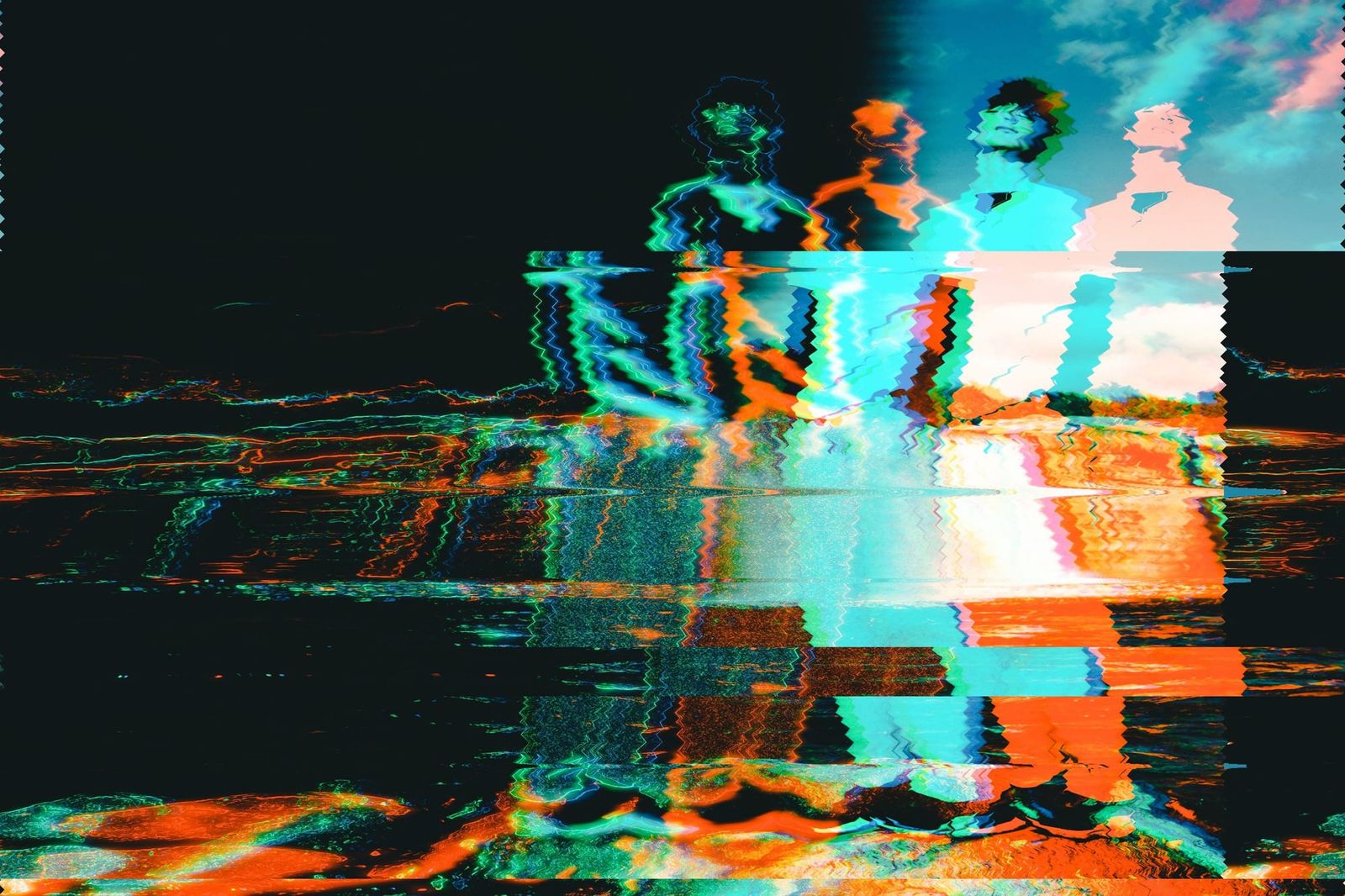 Young man with a digital versions of himself in a digital glitch style landscape.