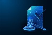 Legal document verification, attorney futuristic concept with gavel and check mark symbol.