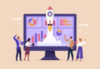 Illustration of rocket launch against background of monitor with graphs and group of watching people.