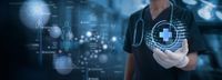 Doctor holding health icon with DNA, electronic medical record. 