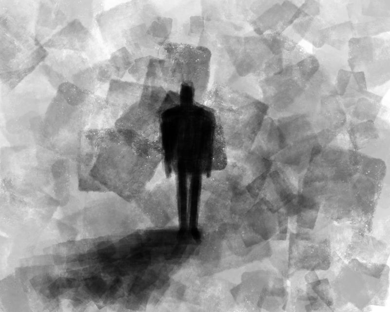 Depression. Abstract art illustration. Black silhouette of a man on a dark abstraction background.