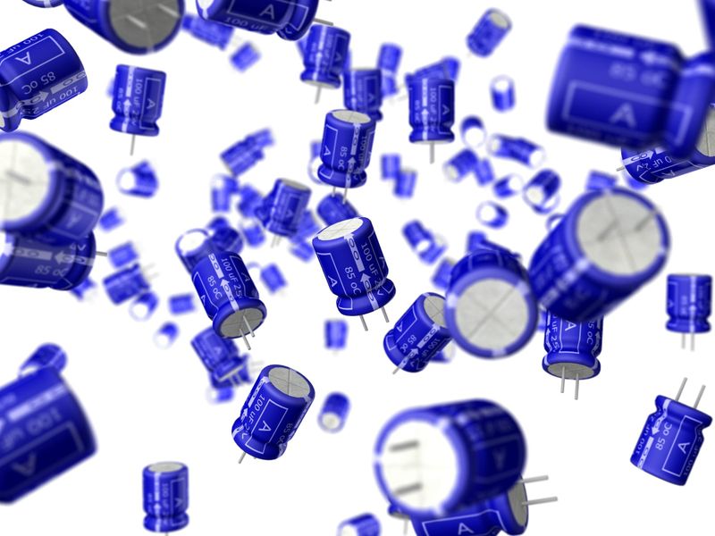 Absract image of blue capacitors floating in space on a white background.