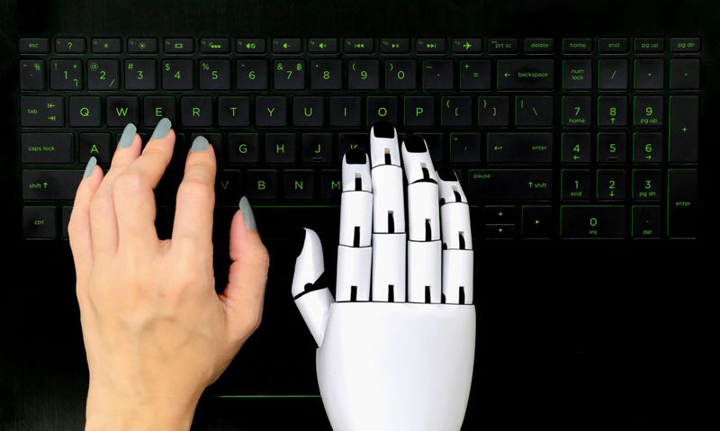 Robot concept chatbot of Human hand and robot hand pressing computer keyboard.