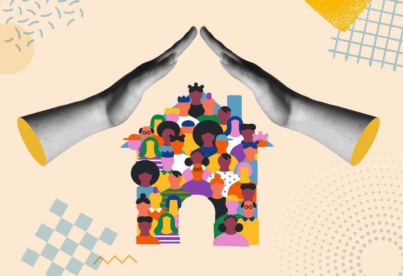 Illustration of a hands forming a roof over a diverse community of people.