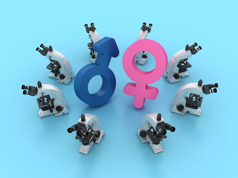 Circle of microscopes with gender symbols in the middle, on a blue background 
