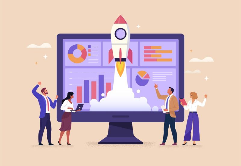 Illustration of rocket launch against background of monitor with graphs and group of watching people.