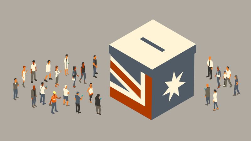 Illustration of people gather around an oversized ballot box styled after the Australian flag.