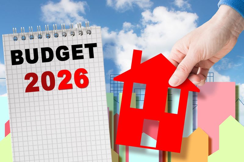 New house 2026 Budget concept. Person reaching for a red cardboard house. A notebook with Budget 2026 written on it.