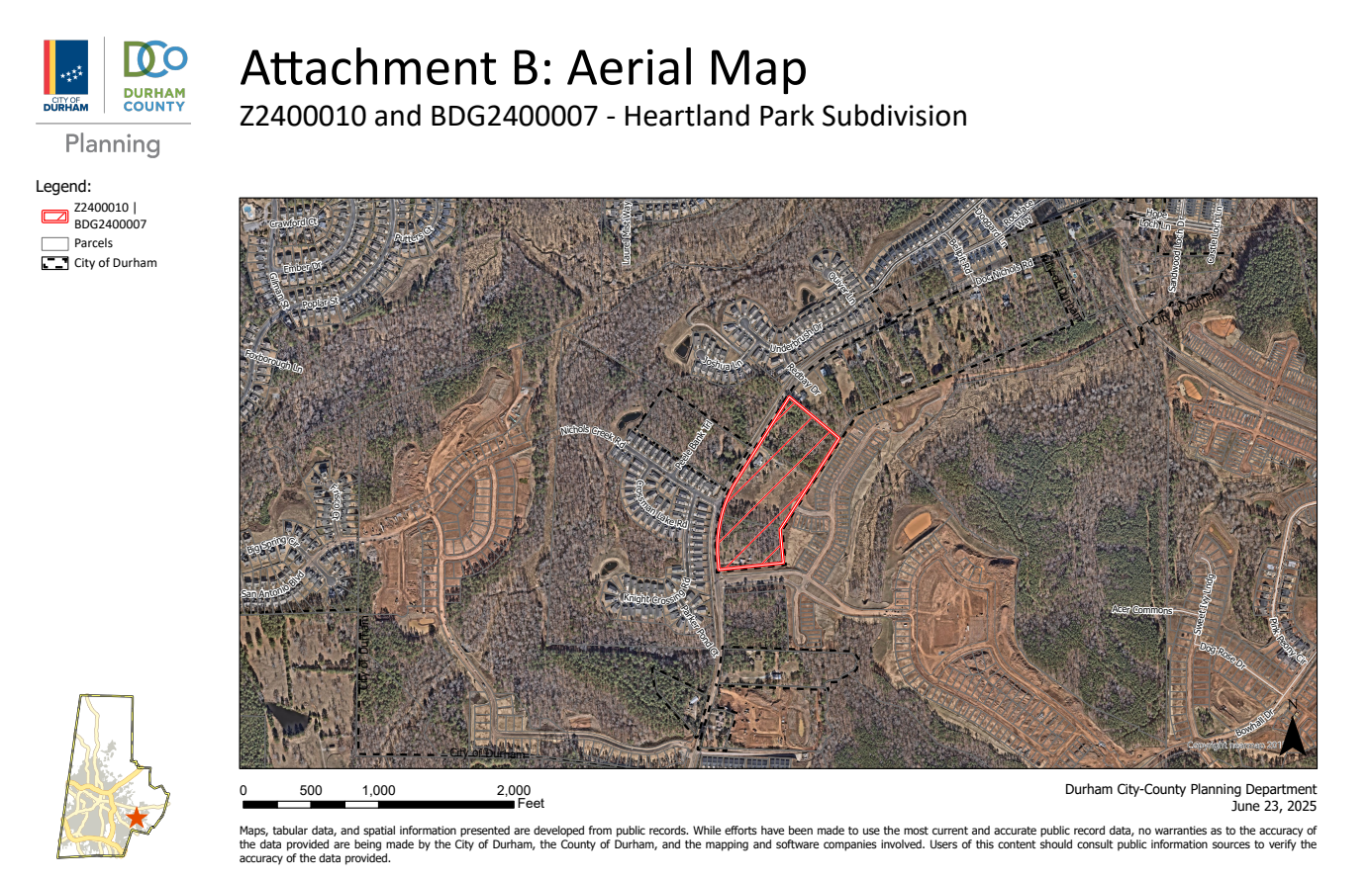 Aerial image from the Durham City-County Planning Department showing the proposed Heartland Park Subdivision outlined in red along Doc Nichols Road in southeast Durham, where a 13-acre annexation and zoning request for up to 117 townhomes is under review.