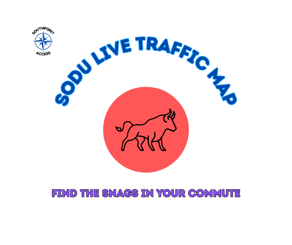Graphic for the Southpoint Access SoDu Live Traffic Map page, featuring a stylized bull icon inside a red circle with the text “SODU LIVE TRAFFIC MAP” and “FIND THE SNAGS IN YOUR COMMUTE.”