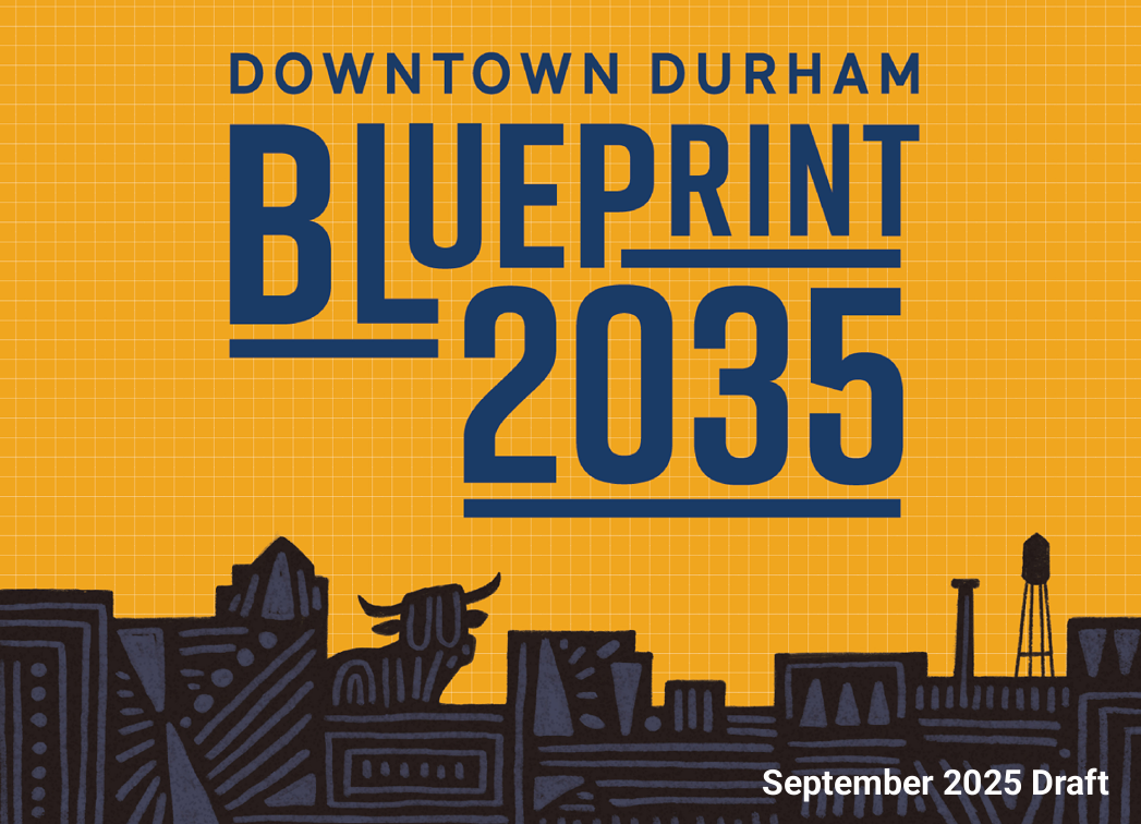 Orange cover reading “Downtown Durham Blueprint 2035” with a stylized skyline, bull statue, and water tower; September 2025 draft.