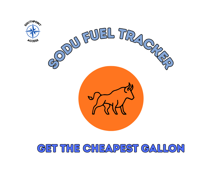 Graphic for the Southpoint Access SoDu Fuel Tracker page, featuring a stylized bull icon inside an orange circle with the text “SODU FUEL TRACKER” and “GET THE CHEAPEST GALLON.”