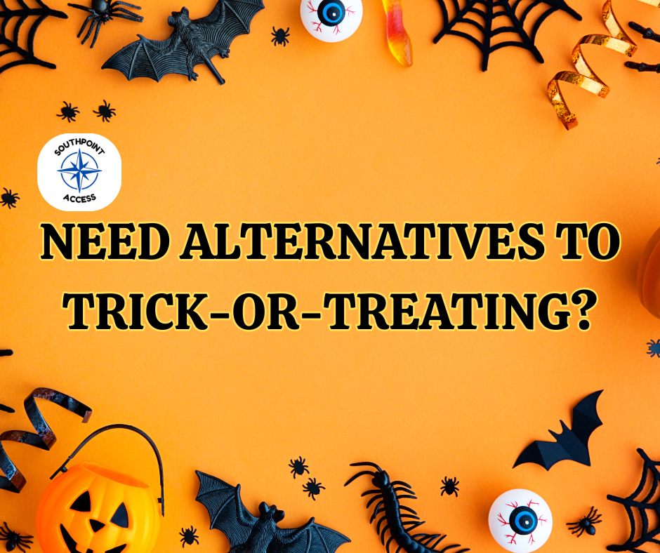 Halloween-themed image with bats, spiders, candy, and pumpkins on an orange background. Bold text reads: "Need alternatives to trick-or-treating?"
