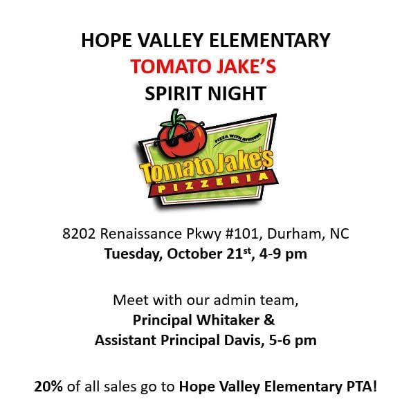 Flyer for Hope Valley Elementary Tomato Jake’s Spirit Night, featuring the Tomato Jake’s Pizzeria logo and details about the event.